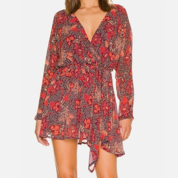 NEW Free People Peach Combo Floral Wrap Tie Waist Teegan Mini Long Sleeve Dress - Picture 1 of 12
